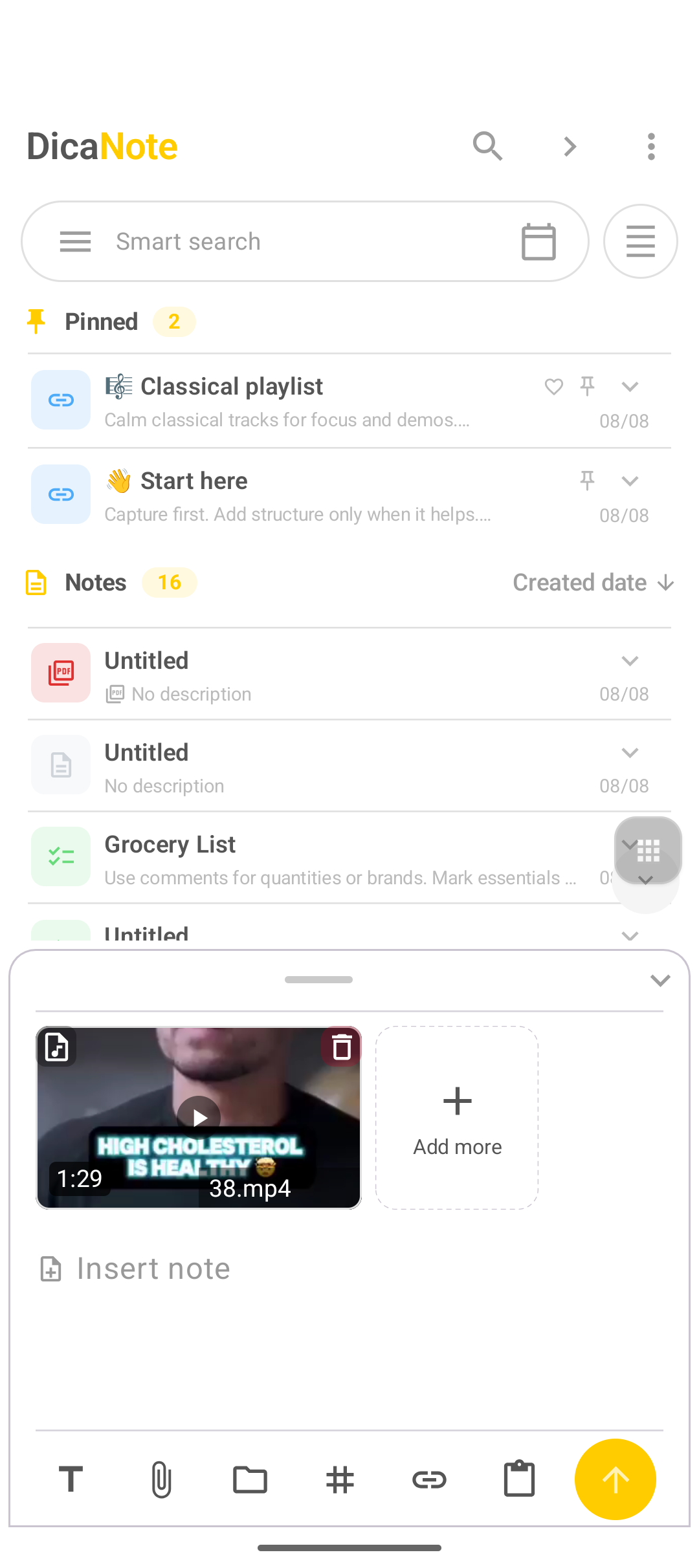 Nota do DicaNote com vídeo MP4 anexado, duração e botão Add more