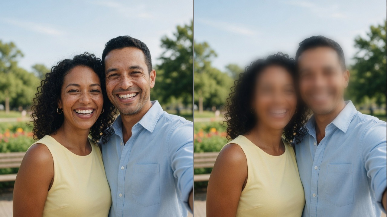 Antes e depois: casal com rostos nítidos e o mesmo recorte com rostos desfocados
